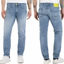 Jeans Replay homme anbass bleu clair, bouton et étiquette jaune