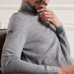 Pull col roulé Superdry homme gris 100% laine merinos