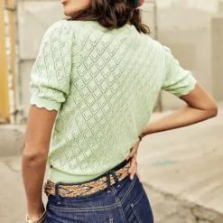 Pull femme Freeman T Porter Perlia vert maille ajourée