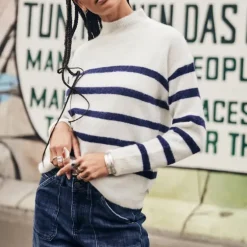 Pull Freeman T Porter en laine et mohair blanc rayé marine