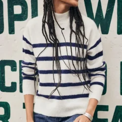 Pull Freeman T Porter en laine et mohair blanc rayé marine