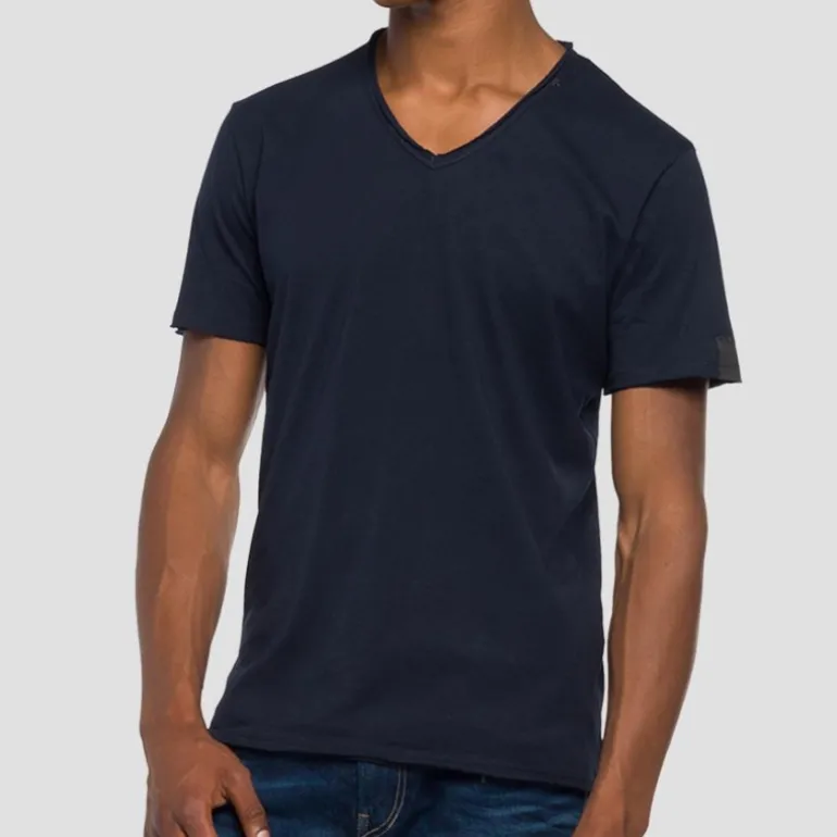 T Shirt col V Replay Jeans bleu marine