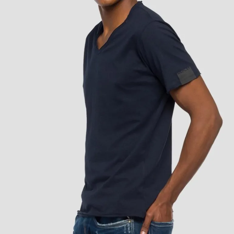T Shirt col V Replay Jeans bleu marine