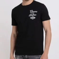 T Shirt Replay Jeans noir logo chrome and leather