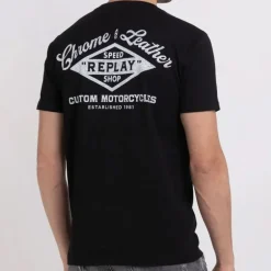 T Shirt Replay Jeans noir logo chrome and leather