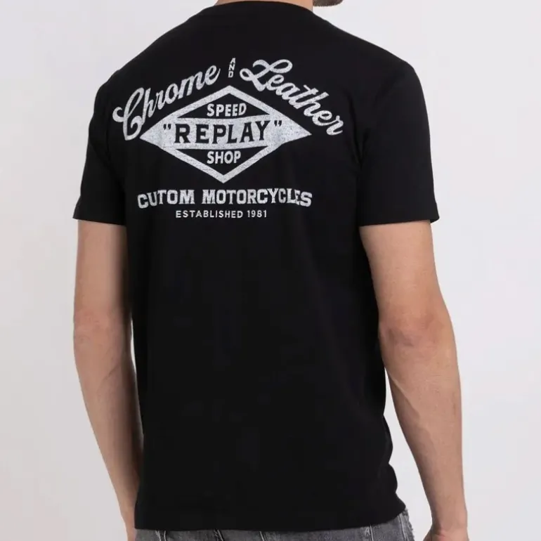 T Shirt Replay Jeans noir logo chrome and leather