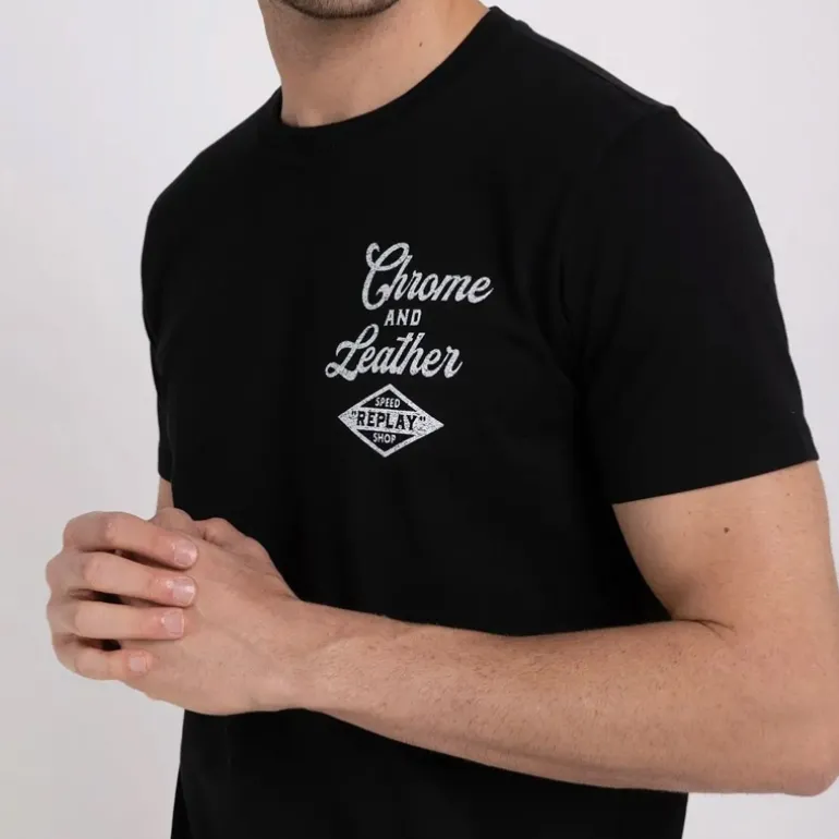 T Shirt Replay Jeans noir logo chrome and leather