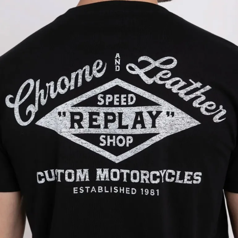 T Shirt Replay Jeans noir logo chrome and leather