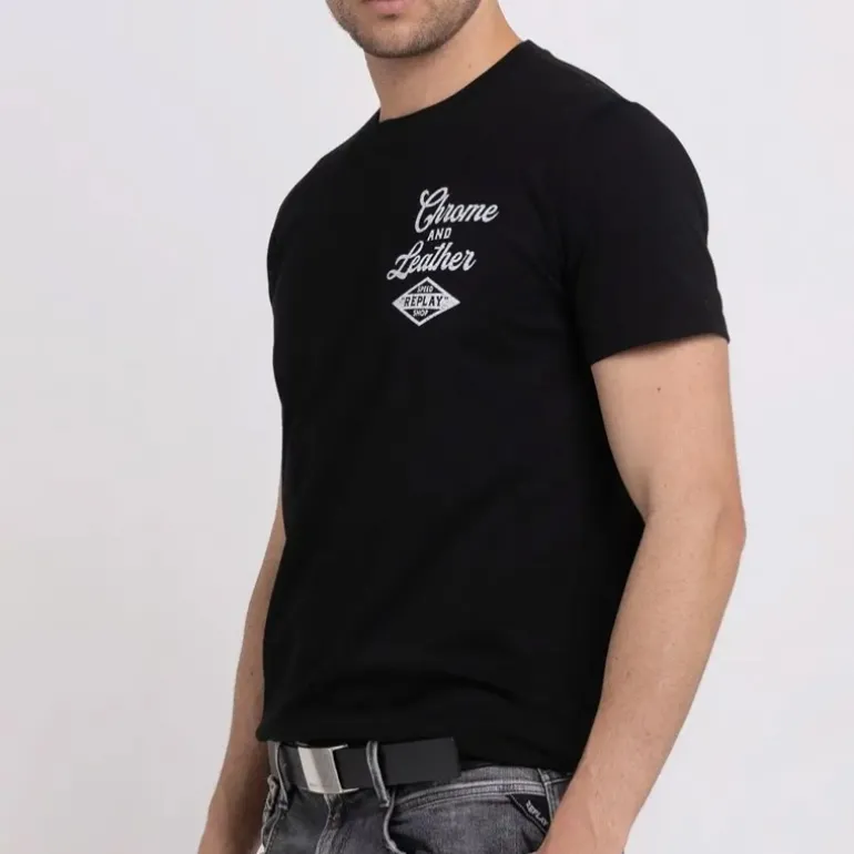 T Shirt Replay Jeans noir logo chrome and leather