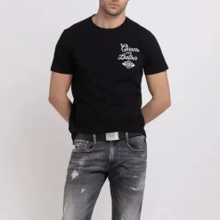 T Shirt Replay Jeans noir logo chrome and leather